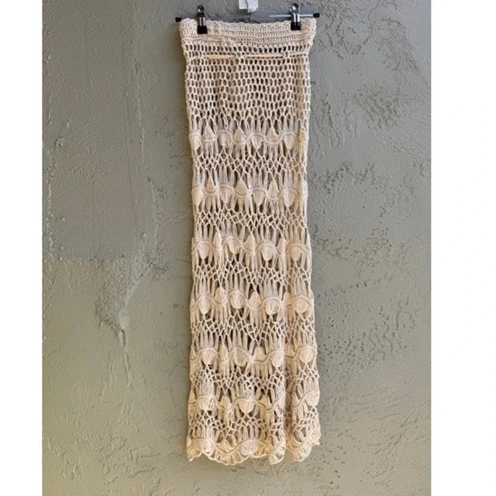 Womens Cream Crochet Maxi Skirt SMALL Swim Boho Beach Resortwear Festival - Picture 4 of 5